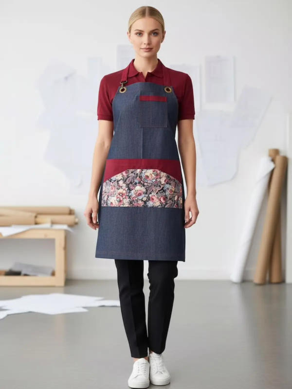 Denim-look apron with color block and floral detail on the lower section