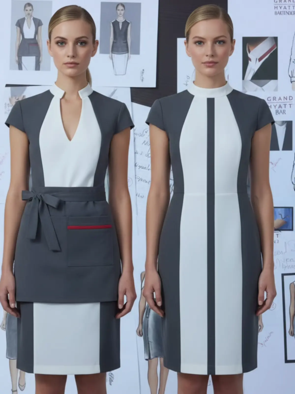Color-block dress in grey and white with stand collar