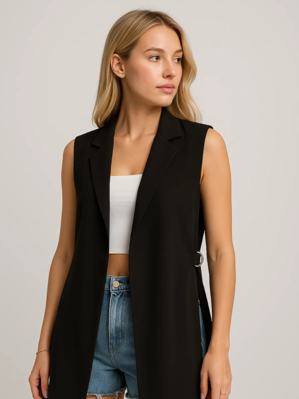 A modern, sleeveless long vest designed for effortless summer layering.