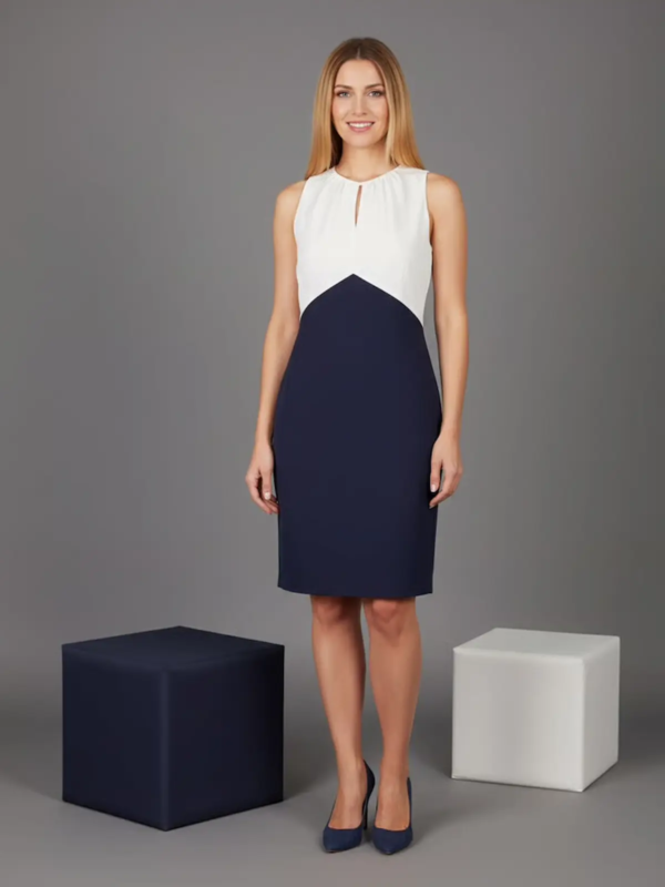 Elegant sleeveless dress in a white and navy color-block design.