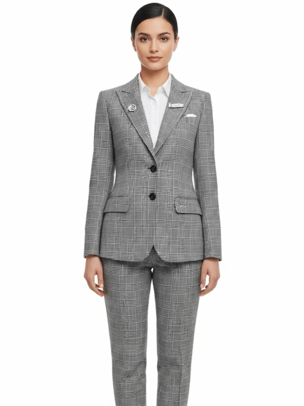 Women’s Guest Relation suit in classic Prince of Wales check.