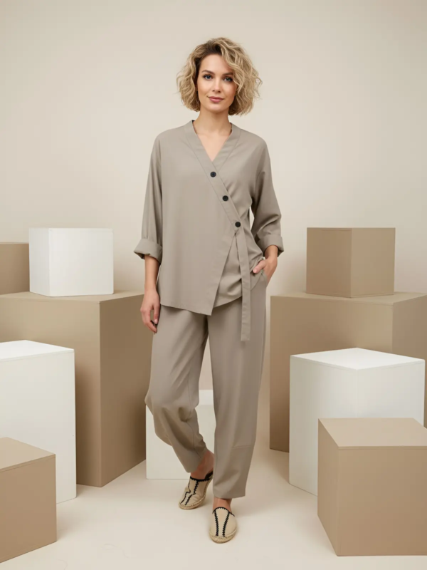 Minimal unisex housekeeping uniform set in taupe shade.