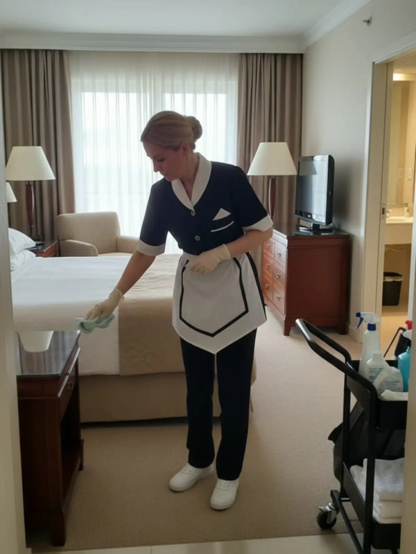Housekeeping uniform set in classic navy blue with white contrast details.