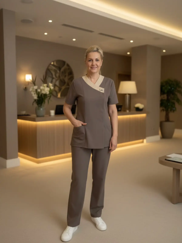 Housekeeping set with modern neckline detail and comfortable fit designed for everyday use.