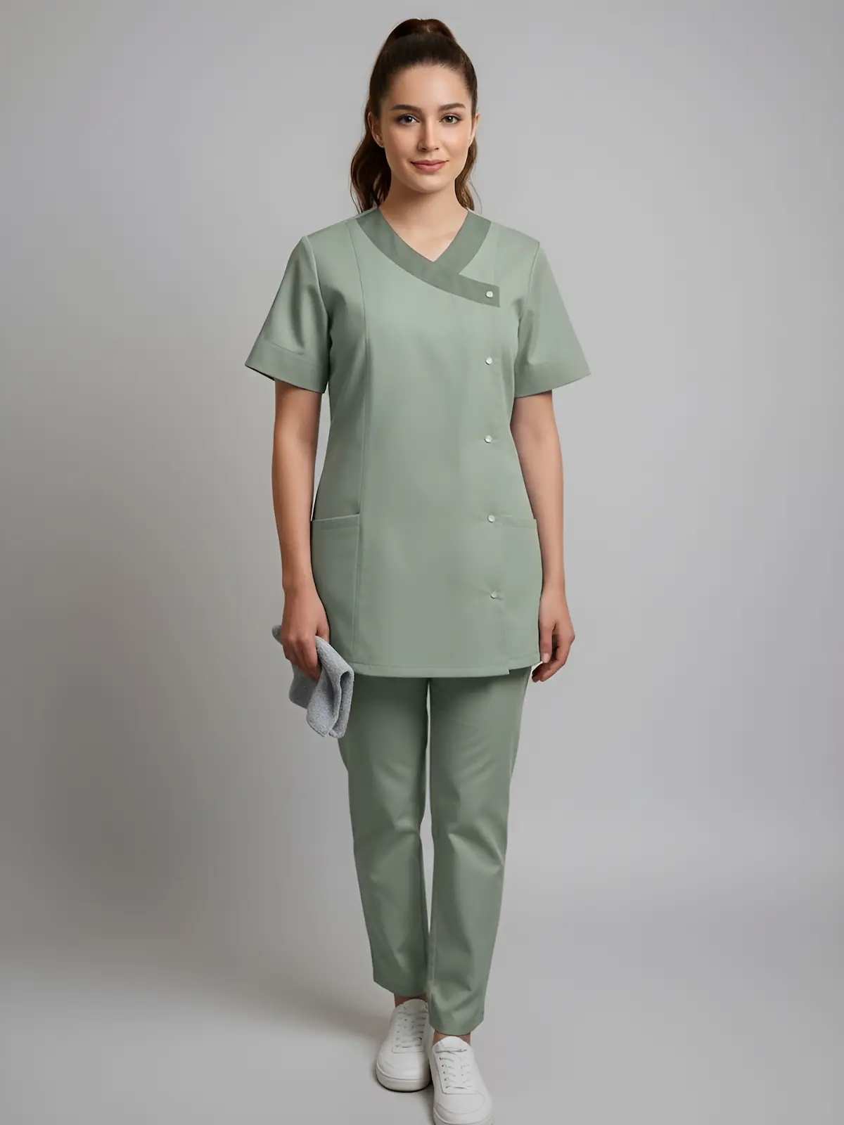 Women's housekeeping uniform set in dusty olive color.