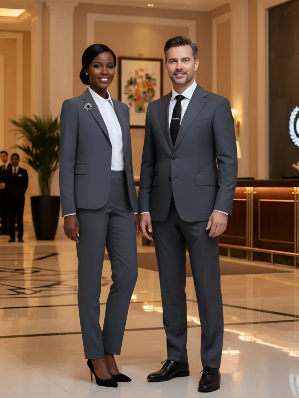 Men’s slim-fit suit, perfect for reception and hospitality professionals.