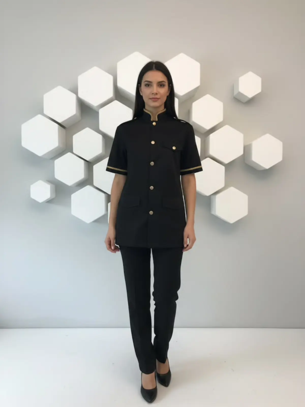 Short-sleeved tunic set with trousers in black