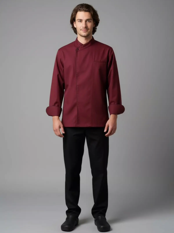 The Henry Chef Jacket offers a modern professional look with an asymmetric front closure and clean tailoring