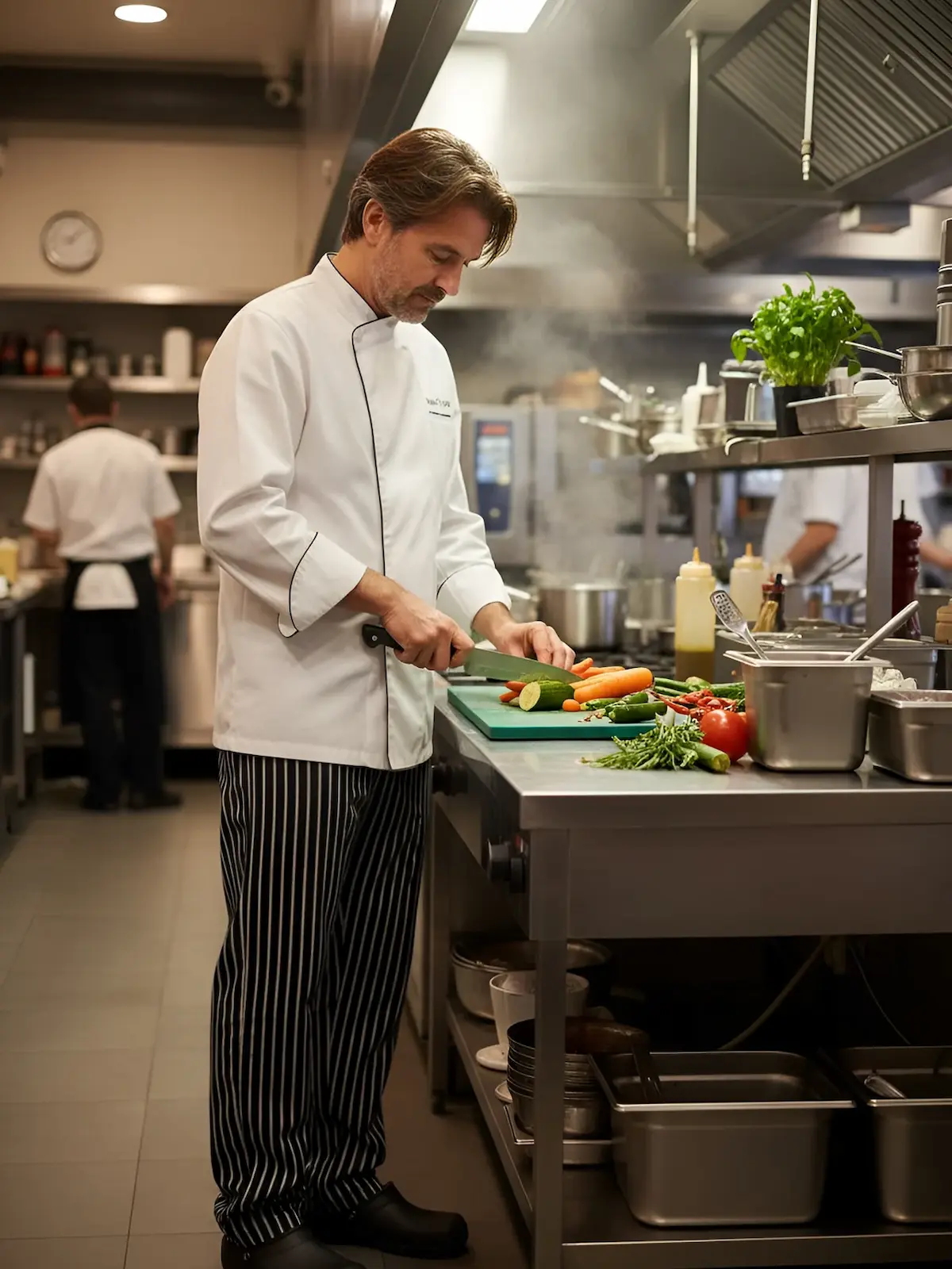 Professional chef jacket featuring a modern two-tone design and DRY TOUCH technical fabric on the sides and back.