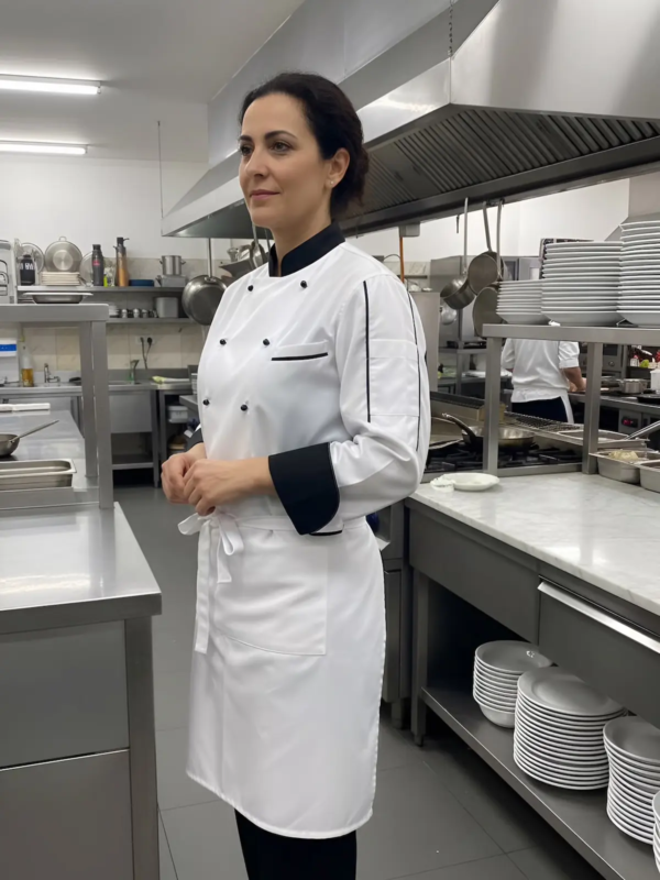 A modern double-breasted chef jacket designed for professional kitchens, featuring contrast detailing and a tailored fit.
