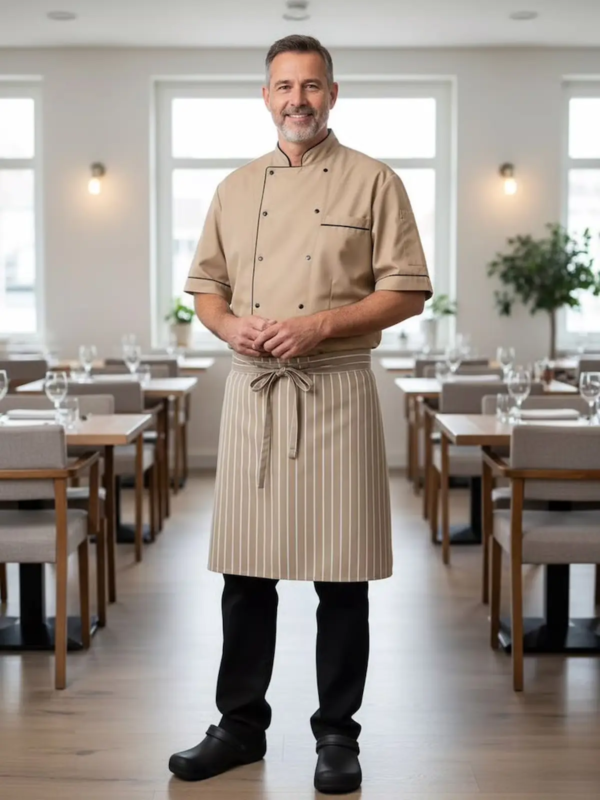 A modern short-sleeve chef jacket designed for professional kitchen environments.