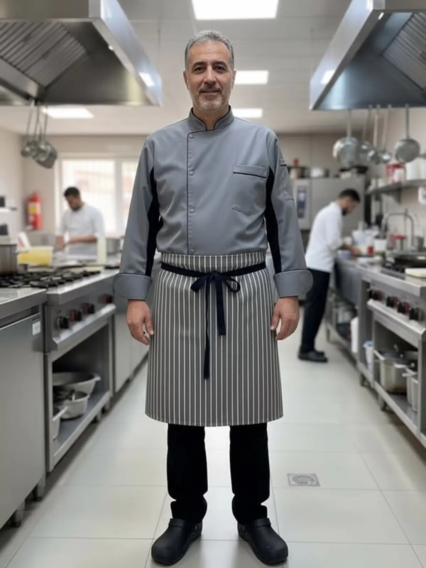 Professional chef jacket with modern two-tone design and ergonomic fit.