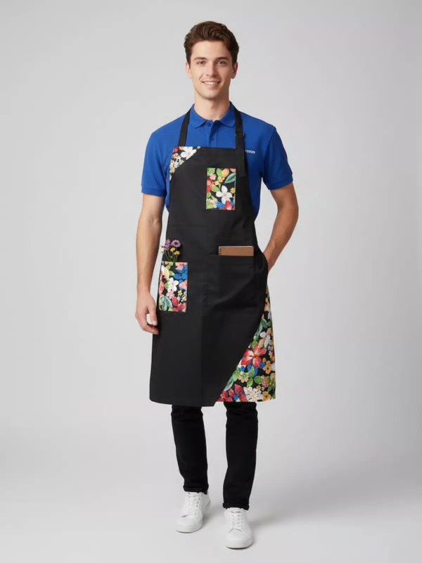 Black F&B apron with a clean silhouette and statement floral details