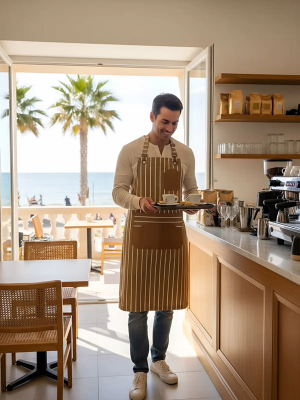 Striped F&B apron in caramel–sand tones with a clean silhouette