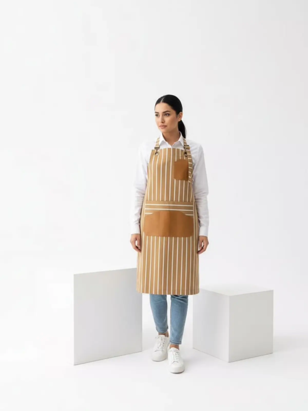 Caramel–sand striped apron with white vertical lines.