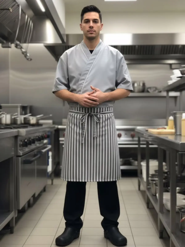 Professional chef uniform in industrial grey tones.