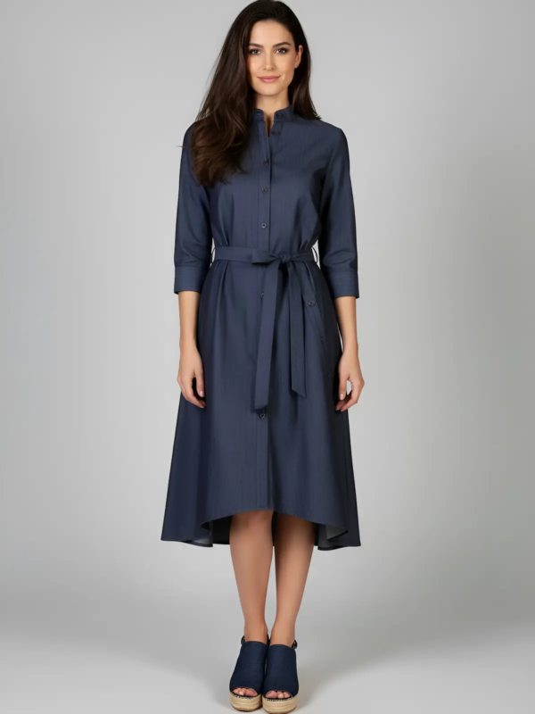 Elegant women's uniform dress featuring a stand-up collar and 3/4 sleeves.
