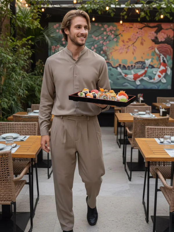 Modern F&B set featuring a Mandarin–collar shirt and relaxed tailored pants