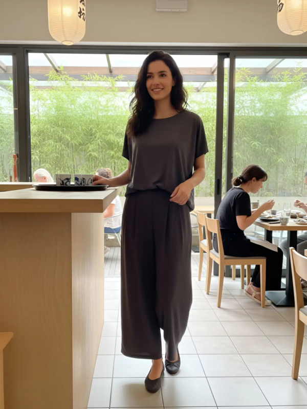 Minimal two-piece uniform in charcoal shade