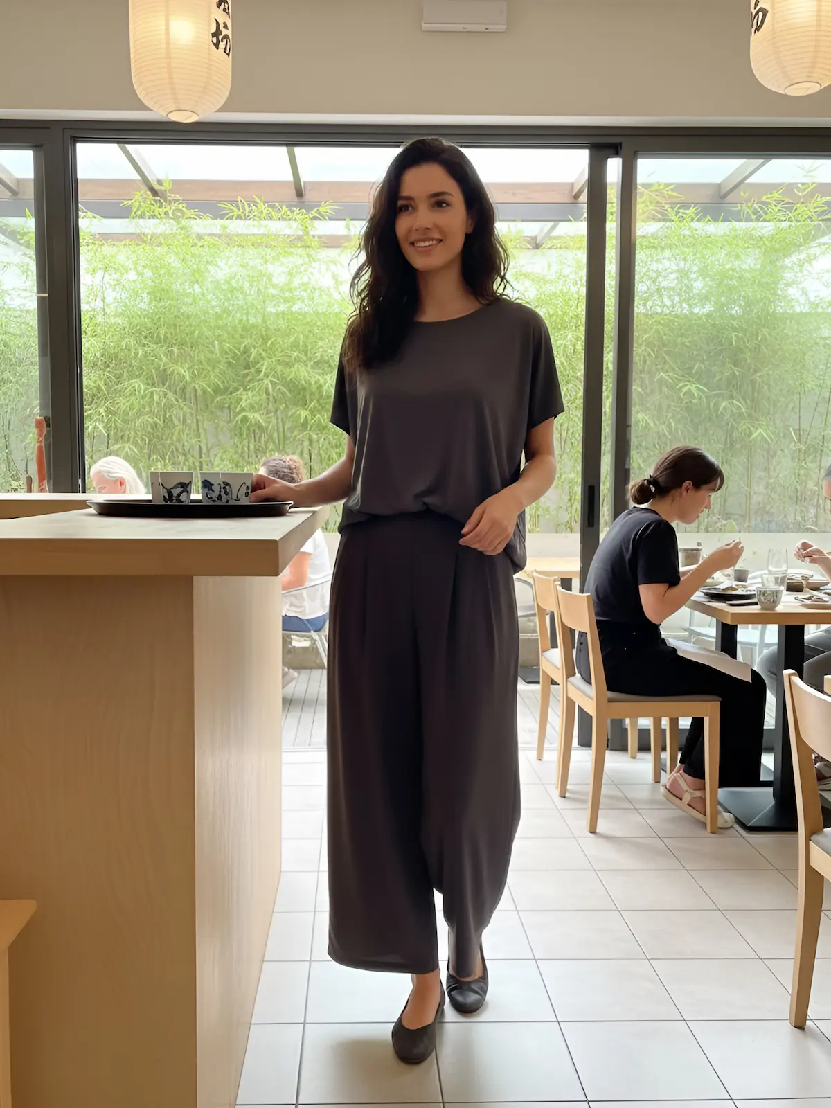 Minimal two-piece uniform in charcoal shade