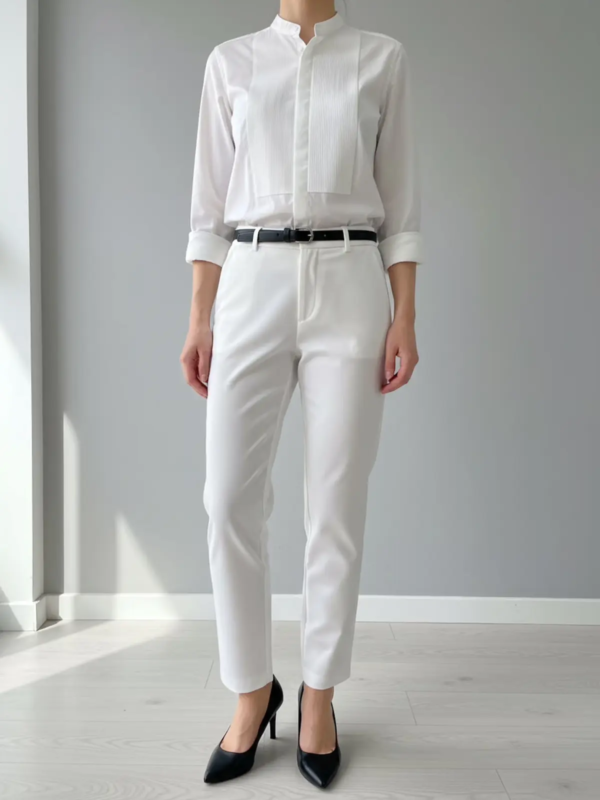 White tux-style shirt with pleated front panel and clean collarless neckline.
