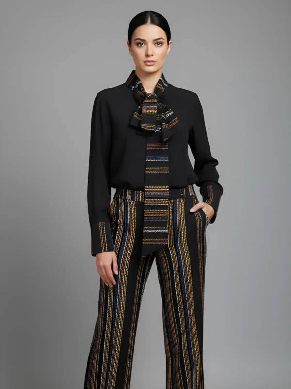Elegant set featuring a black blouse with a decorative bow/scarf neckline and flared trousers with striking multicolored vertical stripes.