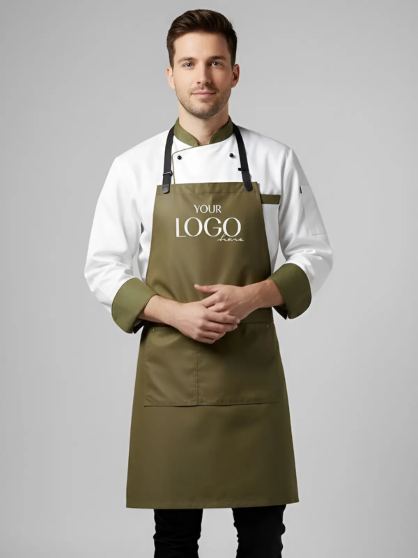 Professional chef’s jacket in white with olive-colored details on the collar and sleeves.