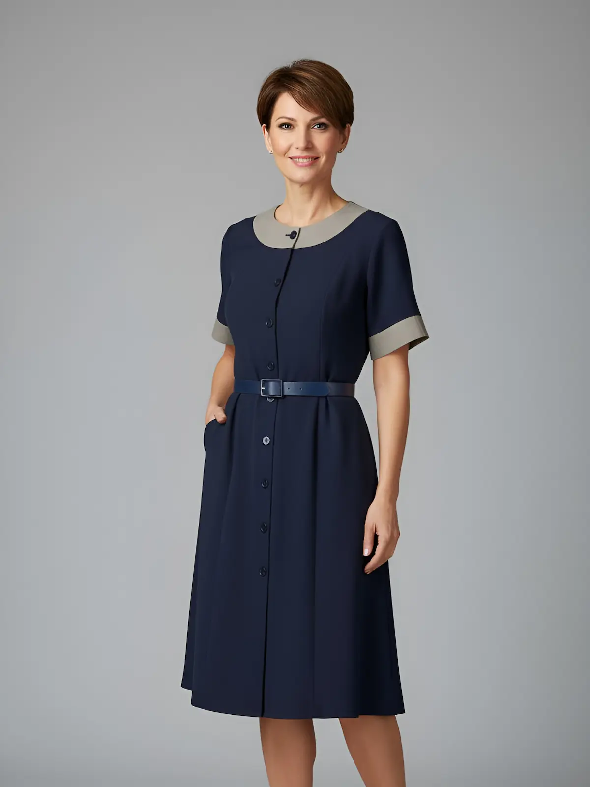 Elegant A-line dress made from crepe fabric, featuring short sleeves and full-length front buttons.