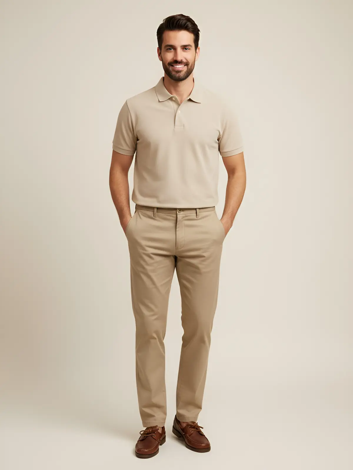 Classic beige polo crafted from breathable, stretch fabric for maximum comfort and durability