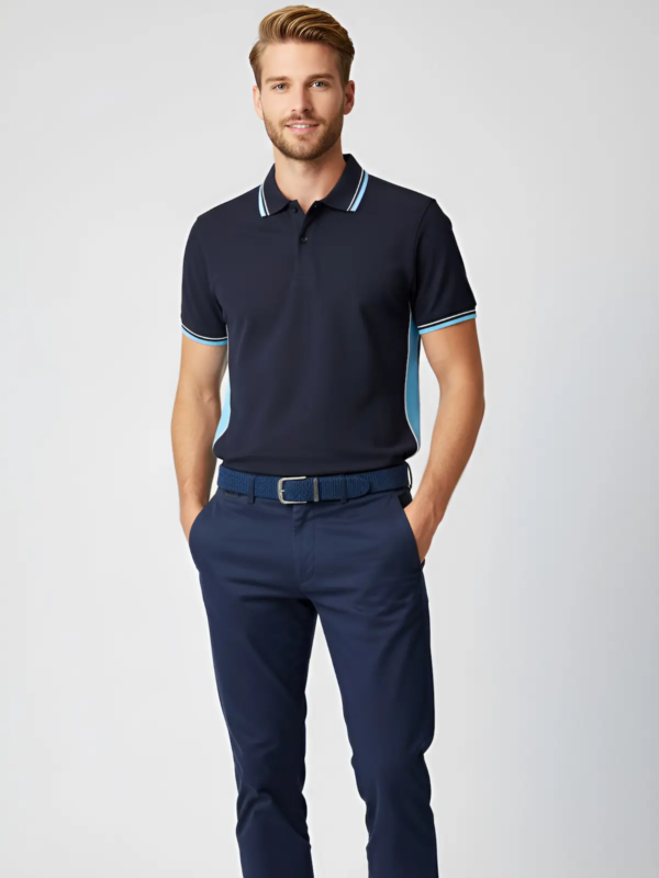 Navy blue DRY-FIT polo with light blue details.