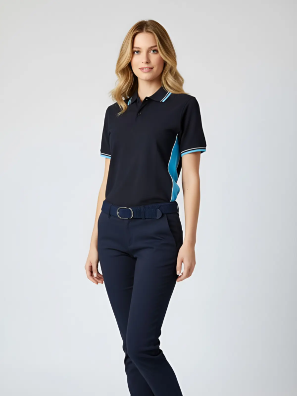 Women’s navy blue DRY-FIT polo with light blue details.