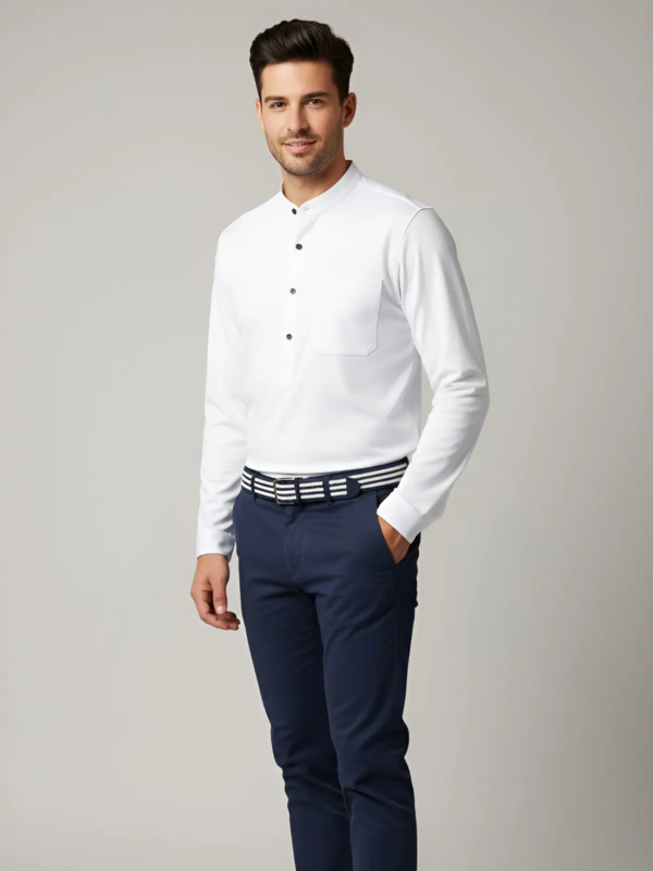 White DRY-FIT shirt with a modern mandarin collar and black buttons.