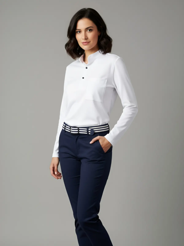 White Dry-Fit blouse with a modern mandarin collar and lightweight breathable texture