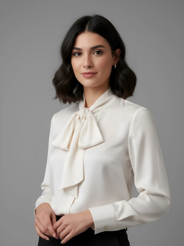 Elegant women’s blouse made from satin stretch fabric, featuring a neck bow and a smooth, silky finish.