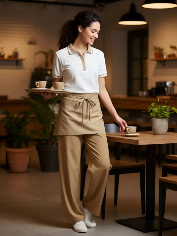Unified café–restaurant uniform in natural earthy palette.