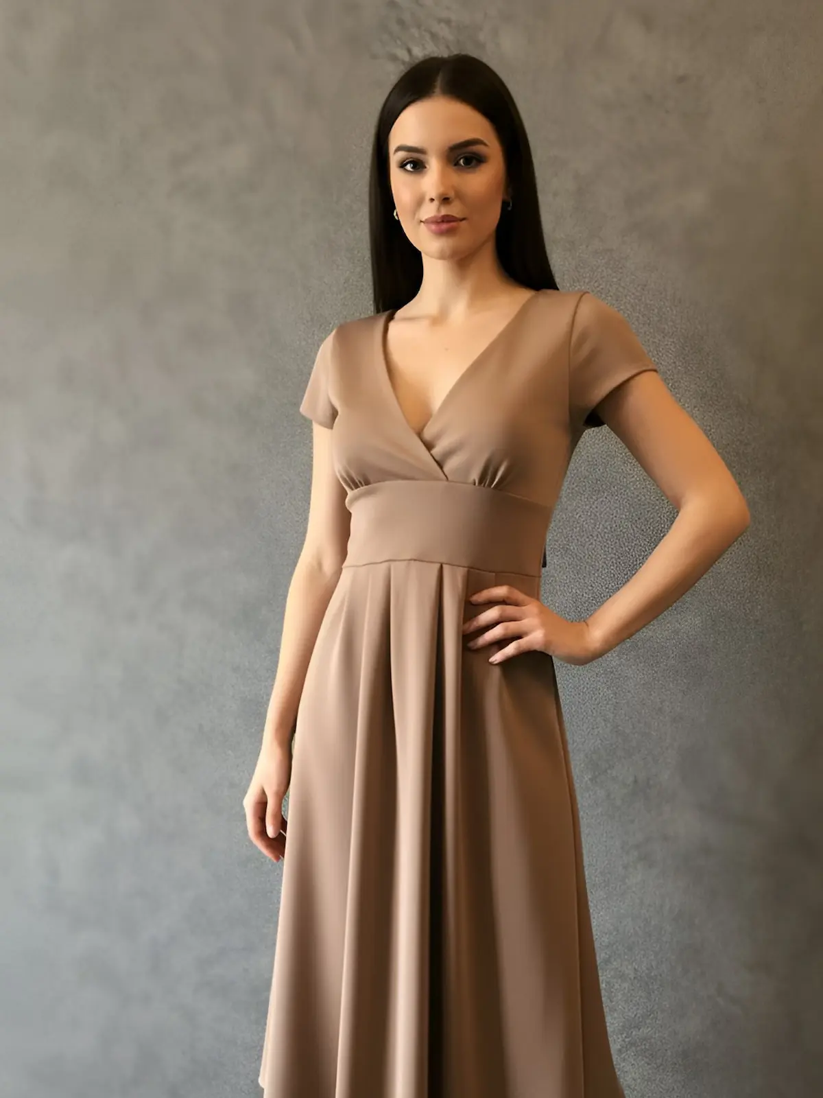 A refined midi dress designed for reception teams, featuring a flattering V-neckline, fitted waist, and elegant A-line silhouette.