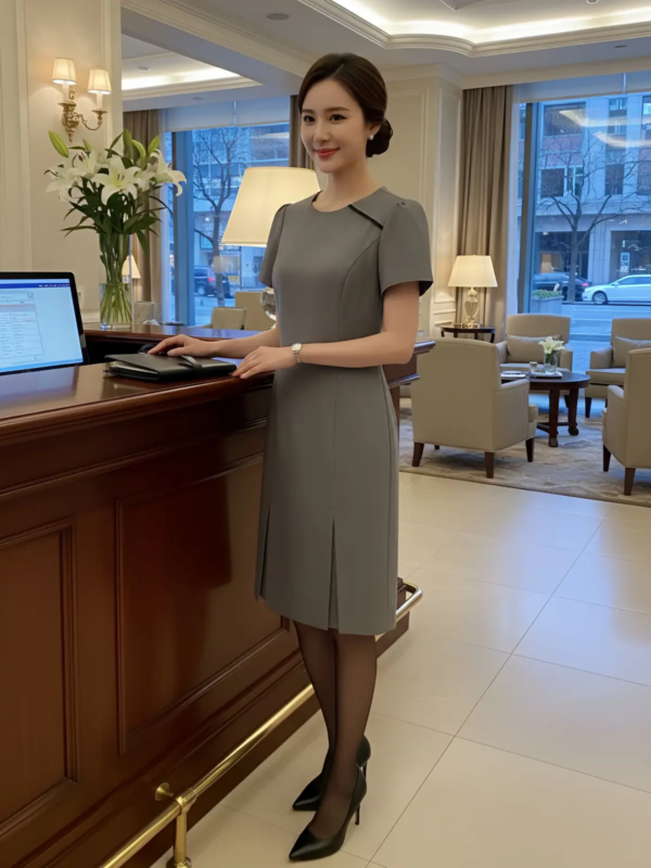 Elegant reception dress with a structured silhouette and subtle pleat details at the hem for a flawless fit.