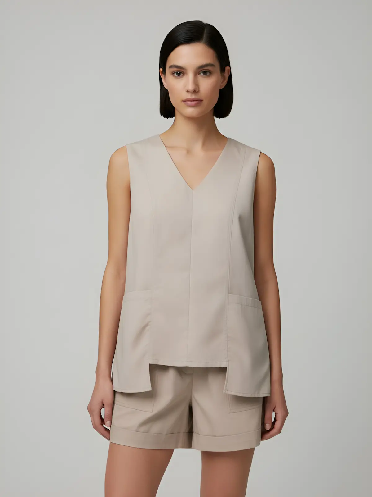 Sleeveless tunic with a clean V-neckline, front seams, and relaxed side slits for effortless movement.