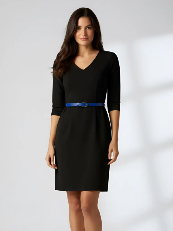 Elegant black dress with ¾ sleeves and a blue waist belt that enhances the silhouette.