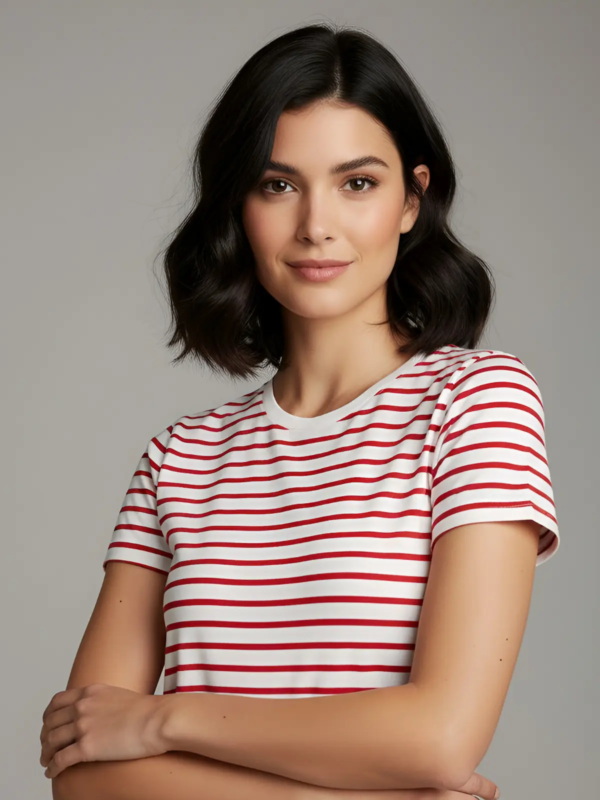 Unisex short-sleeve striped t-shirt with red stripes, made from 100% cotton.