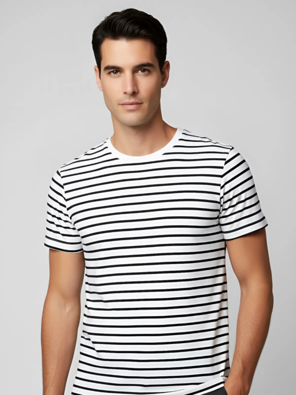 Unisex long-sleeve striped t-shirt with blue stripes, made from 100% cotton.