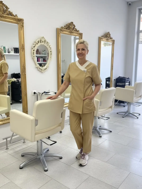 A professional two-piece salon scrub set designed for comfort and elegance.