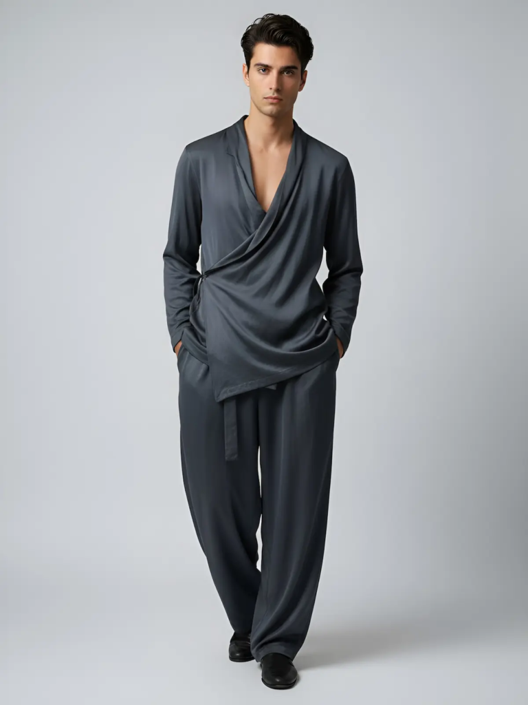 Minimal men’s wrap top with long sleeves and a clean silhouette. Cross-over design with a side tie that offers comfort and elegance in movement. Ideal for Beach Bar & Hosting, delivering a refined and contemporary look when paired with the matching trousers.