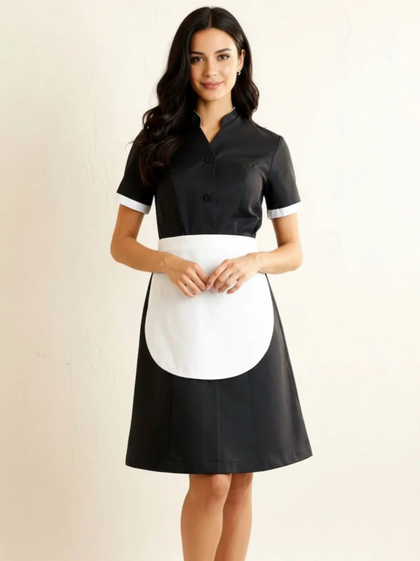 A classic housekeeping dress designed for comfort and elegance, featuring contrast white cuffs and collar for a polished look.