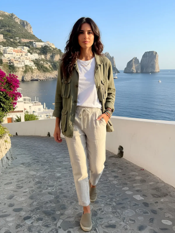 Relaxed Mediterranean look with a lightweight utility jacket, soft cotton tee and drawstring trousers. Effortless, breathable and ideal for resort wear, beachside walks and casual summer days.