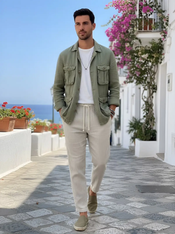 Relaxed Mediterranean menswear look with a lightweight utility jacket, soft cotton t-shirt and drawstring trousers. Clean, breathable and effortless—ideal for resort wear, coastal strolls and laid-back summer style.
