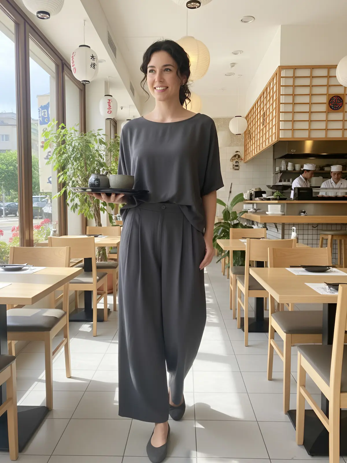 Minimal women’s uniform in charcoal shade. Features a flowing oversized top and wide-leg trousers designed for comfort and ease of movement during service.