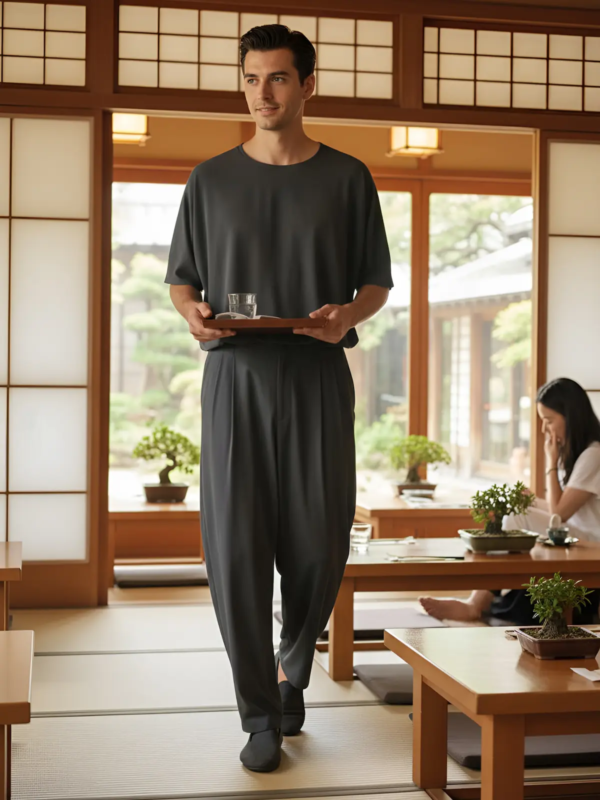 Minimal men’s uniform in charcoal shade. Features an oversized lightweight top and relaxed-fit trousers designed for comfort and freedom of movement during service.