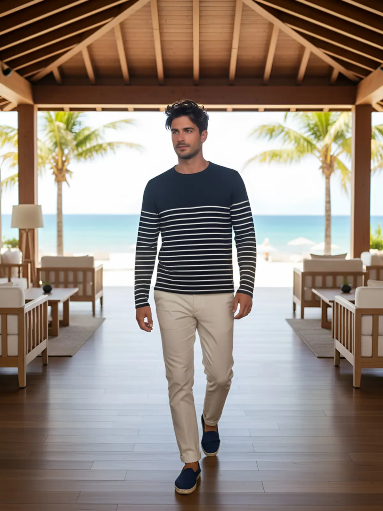 Modern resort look featuring a striped long-sleeve top and tailored trousers. Clean, relaxed and effortlessly elegant—perfect for beach resorts, lounge areas and refined summer settings.